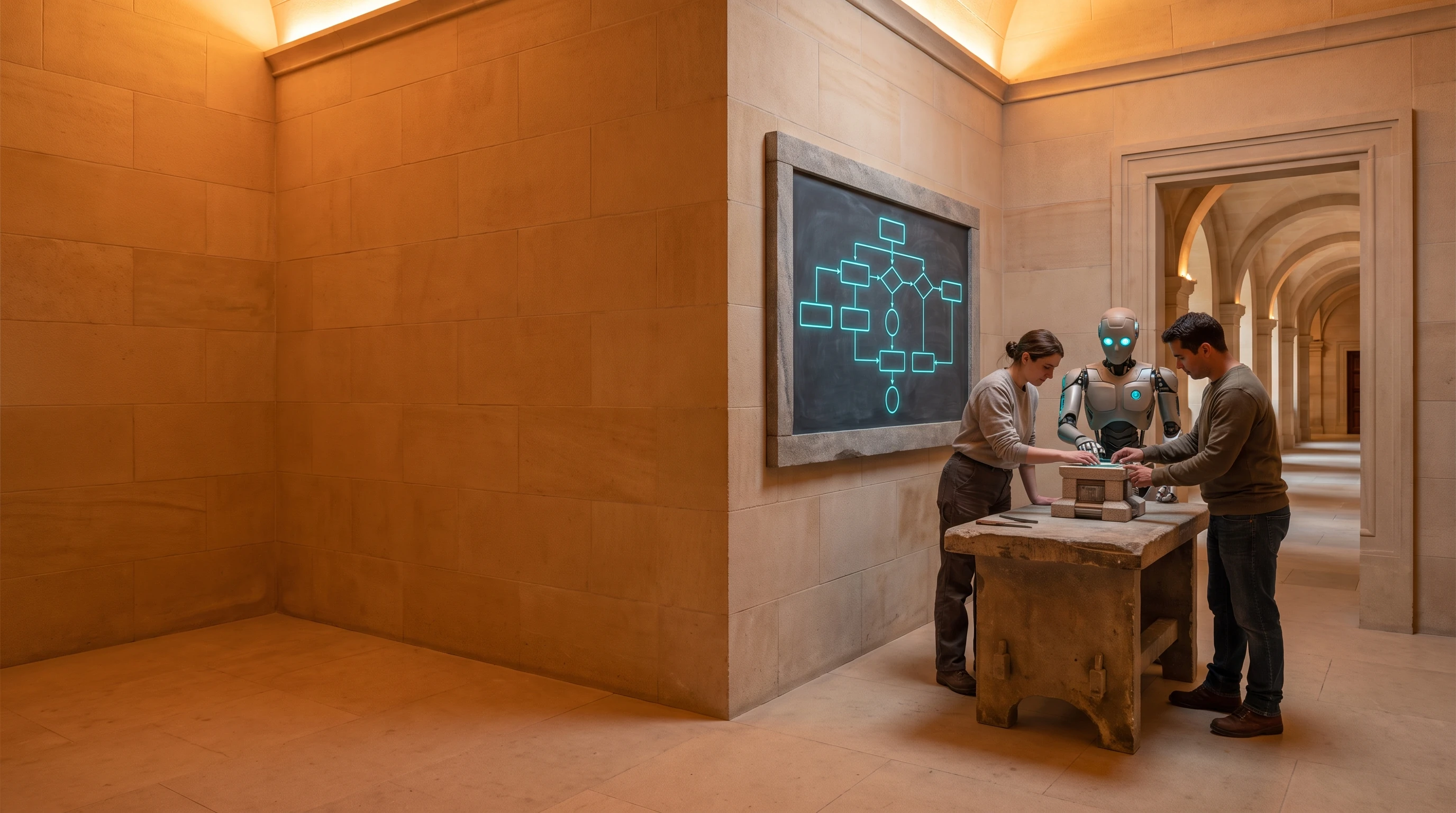 A small stone workshop nook off a long vaulted sandstone hall, warm interior light. The left half of the frame is open, empty stone wall and floor. In the right half, a woman, a man and a silver-plated android stand together at a small stone work table, hands-on with a compact finished model. Beside them, a dark slate board holds a glowing cyan flowchart. Through a doorway further right, the hall recedes in a row of round-topped arches.