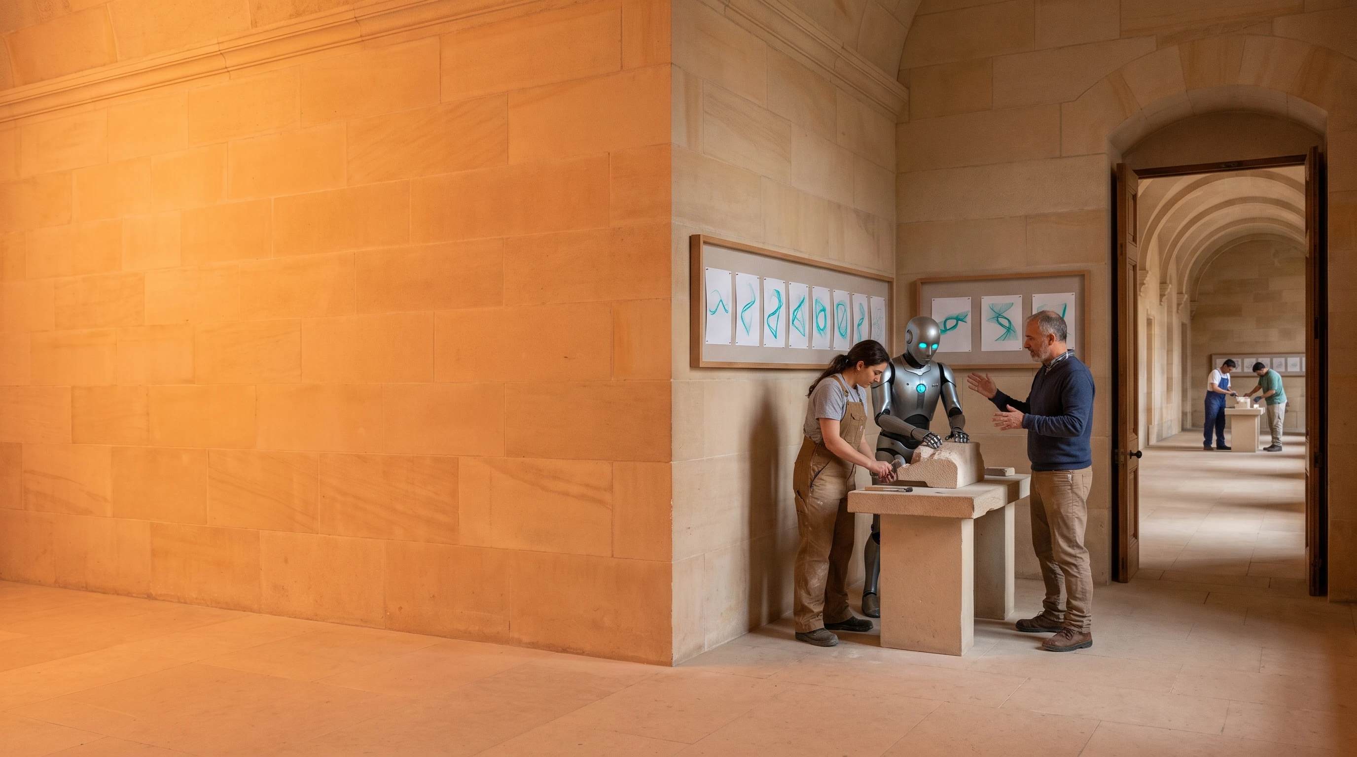 A small stone workshop nook off a long vaulted sandstone hall, warm interior light. The left half of the frame is open, empty stone wall and floor. In the right half, a woman works a stone block at a low bench, a silver-plated android beside her with one hand on the stone, and a man standing a half-step back, guiding rather than working. Pinned to the wall above them, two framed rows of small cyan sketches, each a little further along than the last. Through an open door further right, a second, identical bench and team are visible down the hall.