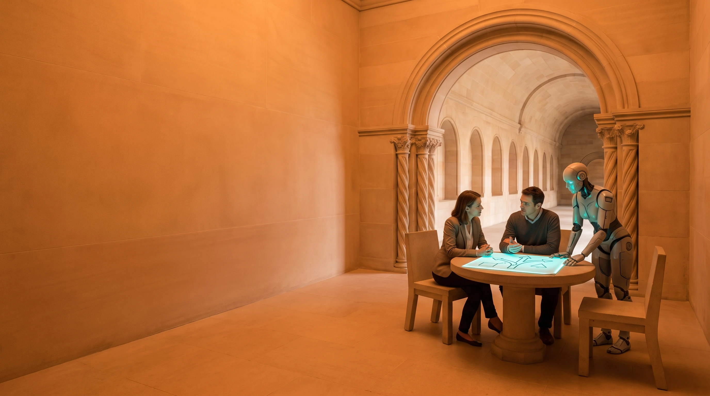 A small stone alcove off a long vaulted sandstone hall, warm interior light. The left half of the frame is open, empty stone wall and floor. In the right half, a woman and a man sit facing each other at a small round stone table, a silver-plated android standing beside the man, all three leaning in over a single glowing cyan sketch on the table. Behind them, a wide stone arch opens onto the hall's own colonnade, its row of round-topped doorways receding into the distance.