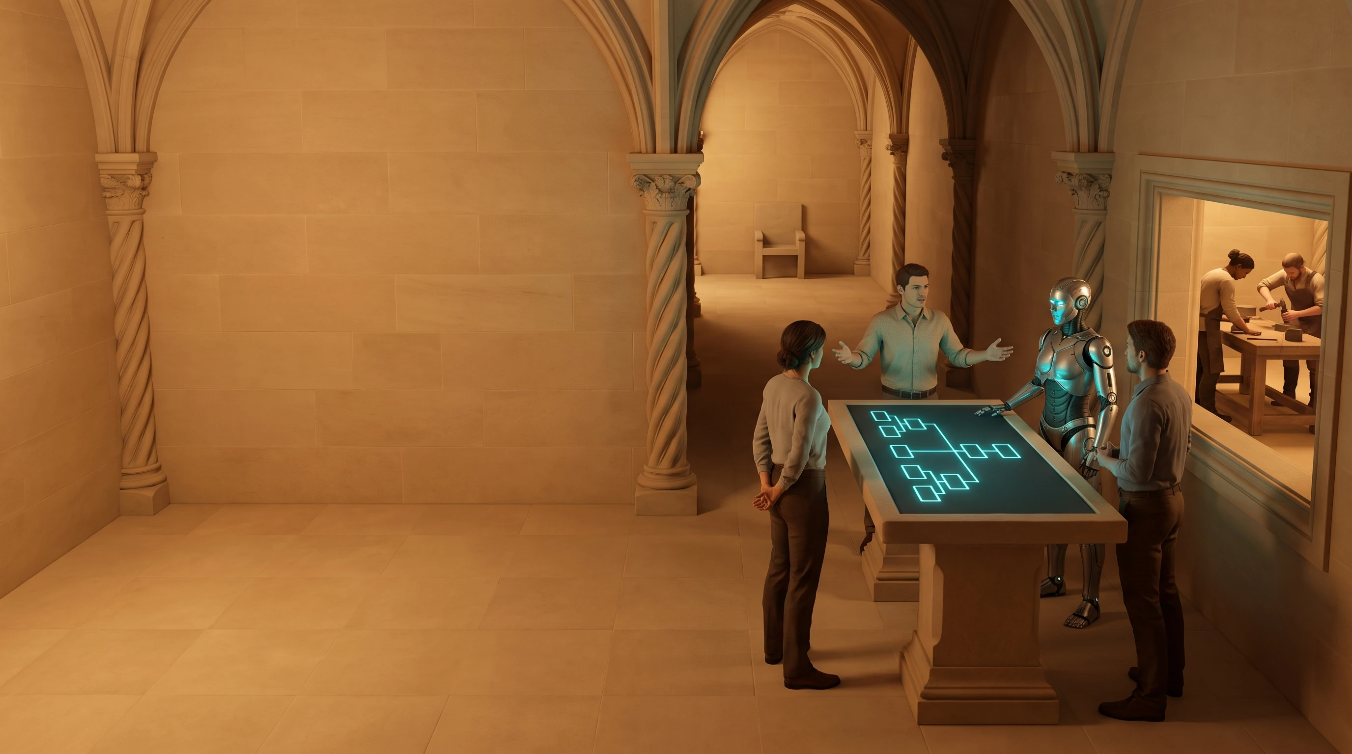 A stone room at the join between a workshop and a quieter hall, warm interior light. The left half of the frame is open, empty stone wall and floor, a near stone pier marking its edge. In the right half, a man stands at a stone table briefing a woman and a second man, a silver-plated android beside him, a plan of glowing cyan line-work spread on the table between them. Behind, a straight passage runs to a single chair at the far end; through a side opening on the right, a workshop is visible with people building.