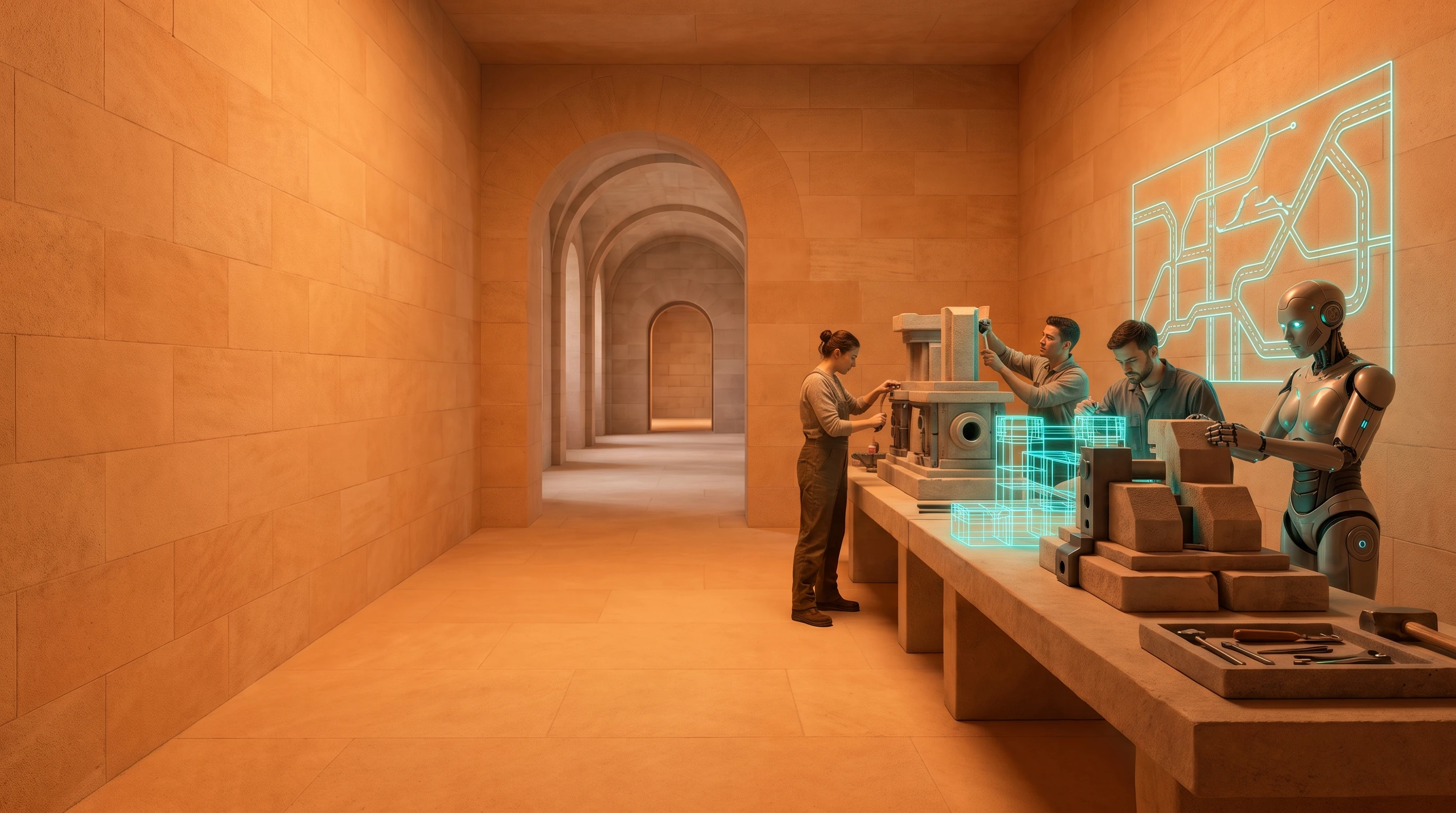 A long stone room off a vaulted sandstone hall, warm interior light, the near wall a corridor of round-topped arches receding away from camera. Along a long stone workbench on the right, a woman and two men work stone blocks and a glowing cyan wireframe construct, a silver-plated android at the far end with its hand on the work and a tray of tools beside it. On the wall above the android, a roadmap of glowing cyan waypoints.