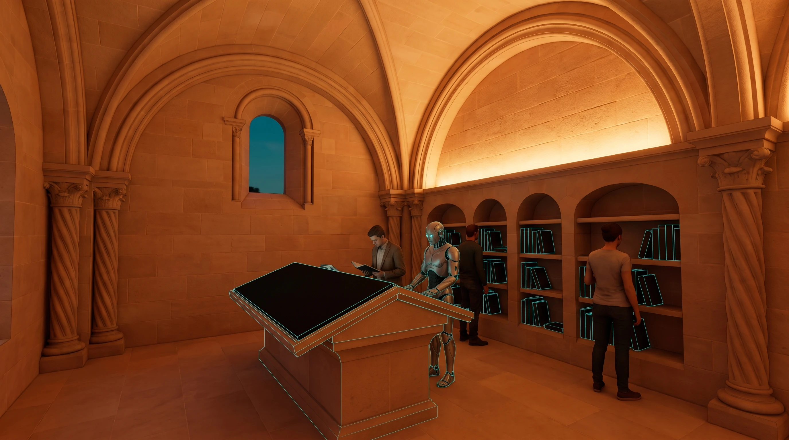 A vaulted sandstone reading room, warm torchlit stone. A robed AI figure stands at a large stone lectern beside a seated reader, its single flat dark surface ready for a page of text. Along the right wall, four arched niches hold shelves of books with glowing cyan-outlined spines, and two more people browse them. The left third of the room is open stone wall and floor, empty but for a small window onto the dusk sky.