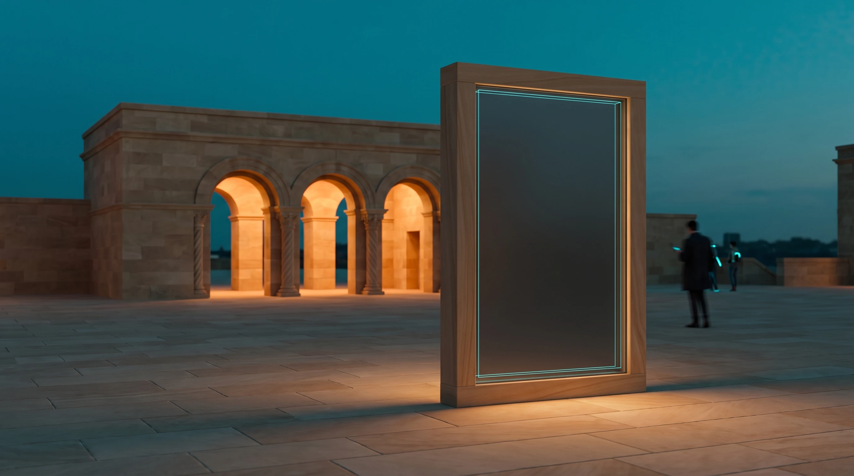 An open stone plaza at dusk, the desktop view. A tall stone-framed glass panel stands upright at a slight angle in the foreground, its face a plain dark surface ringed in cyan light, waiting for a headline and a button. Behind and around it, a low gatehouse with three round-topped, warmly lit archways stands across the plaza — the way into the rest of this world.