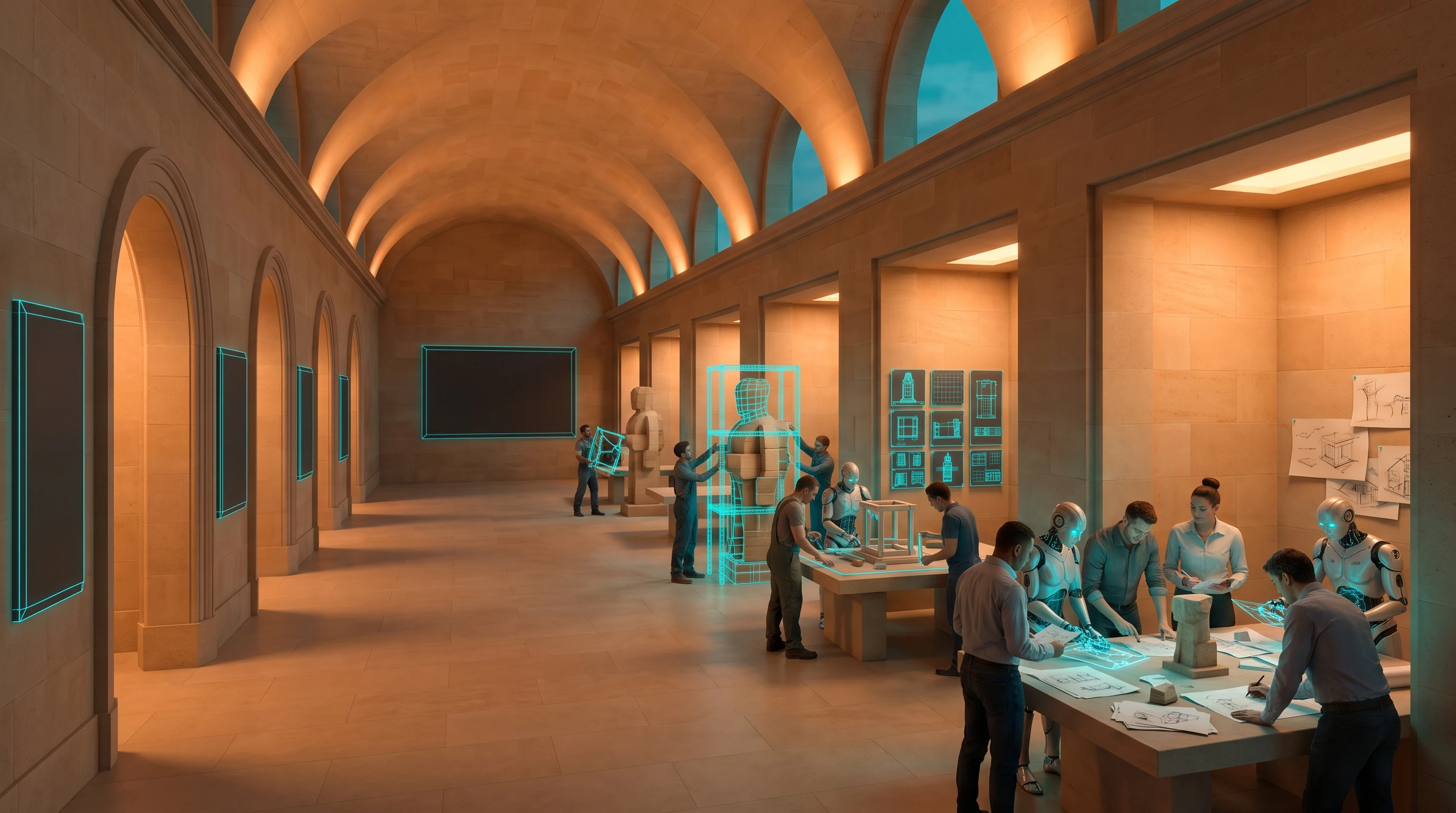 A long vaulted sandstone hall. Along one side, people and androids work together at benches — rough blocks at one end, a carved form next, then a figure being finished in cyan wireframe. Four arched doorways line the opposite wall, each with a blank plaque beside it.