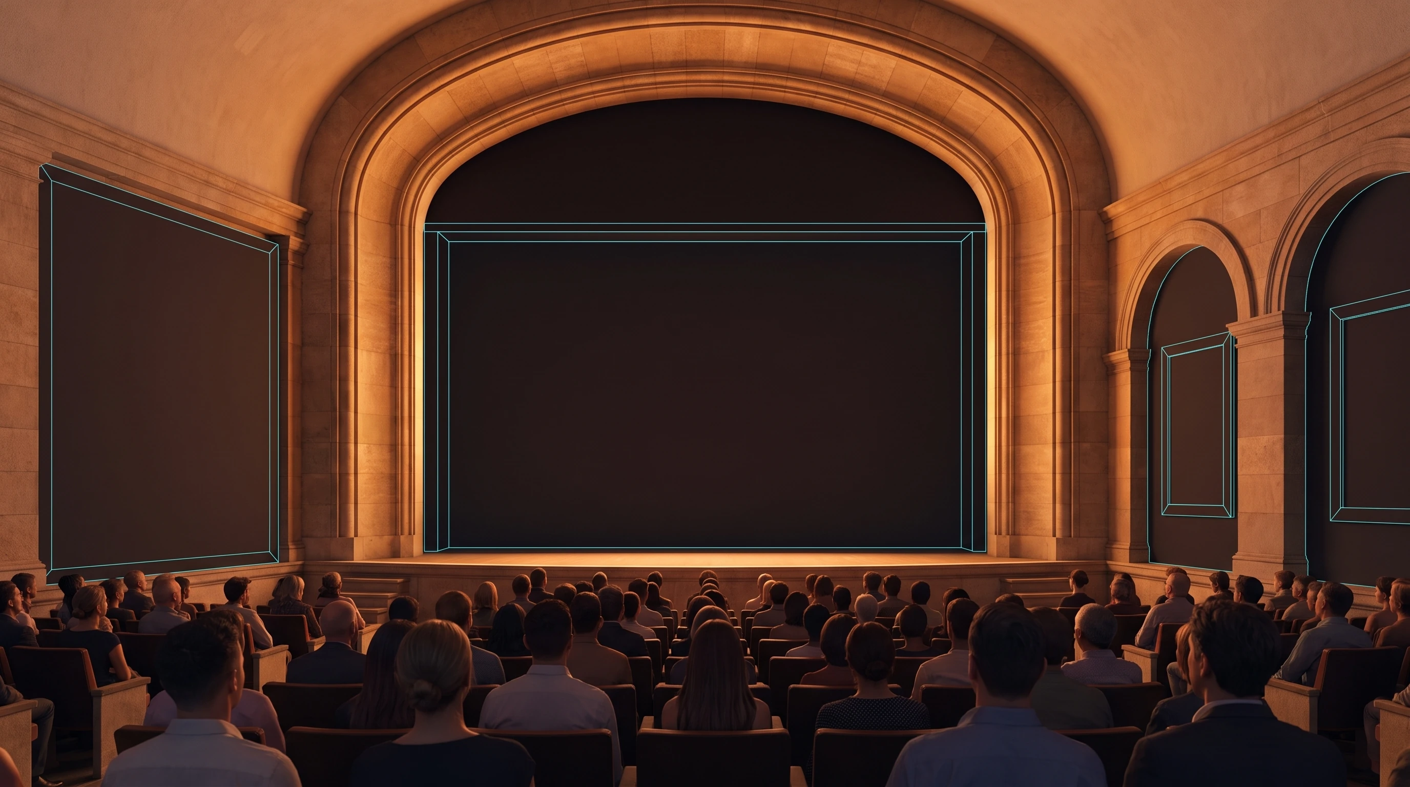 The same warm sandstone theater, seen dead-center from a middle seat. A tall stone proscenium frames a dark, waiting screen straight ahead, flanked by its own arch. A dark playbill panel stands on the near side wall; two round-topped niches, each holding a blank poster, recede down the far wall. Rows of seated people fill the foreground, their backs to the camera.