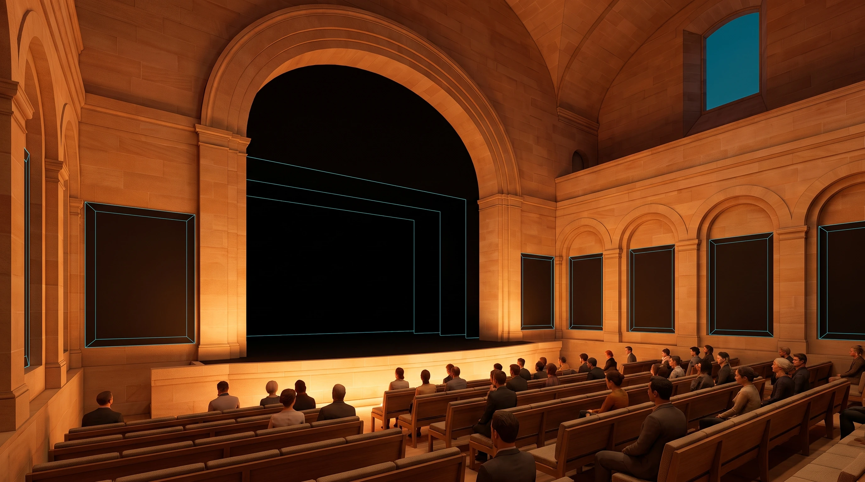 A warm sandstone theater at dusk. Rows of people face a tall stone proscenium; the stage behind it is dark and waiting. A panel stands to the left of the arch and a row of smaller panels runs along the right-hand wall.