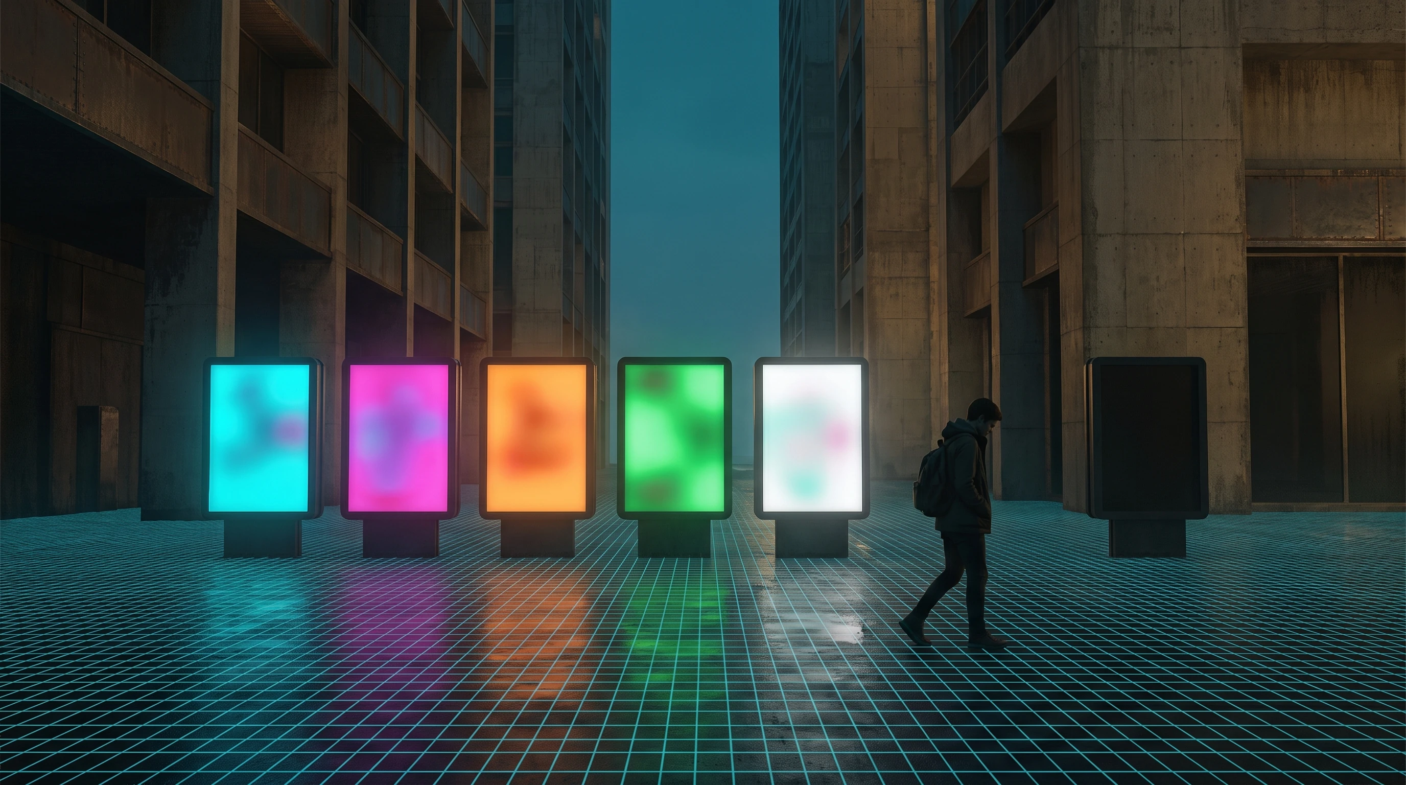 A canyon of concrete towers at dusk. Five lit advertising kiosks stand in a row, glowing cyan, magenta, orange, green and white, their faces blurred with nothing readable on them. A person with a backpack walks past without looking up. One unlit kiosk stands dark at the right. A cyan measuring grid covers the wet ground.