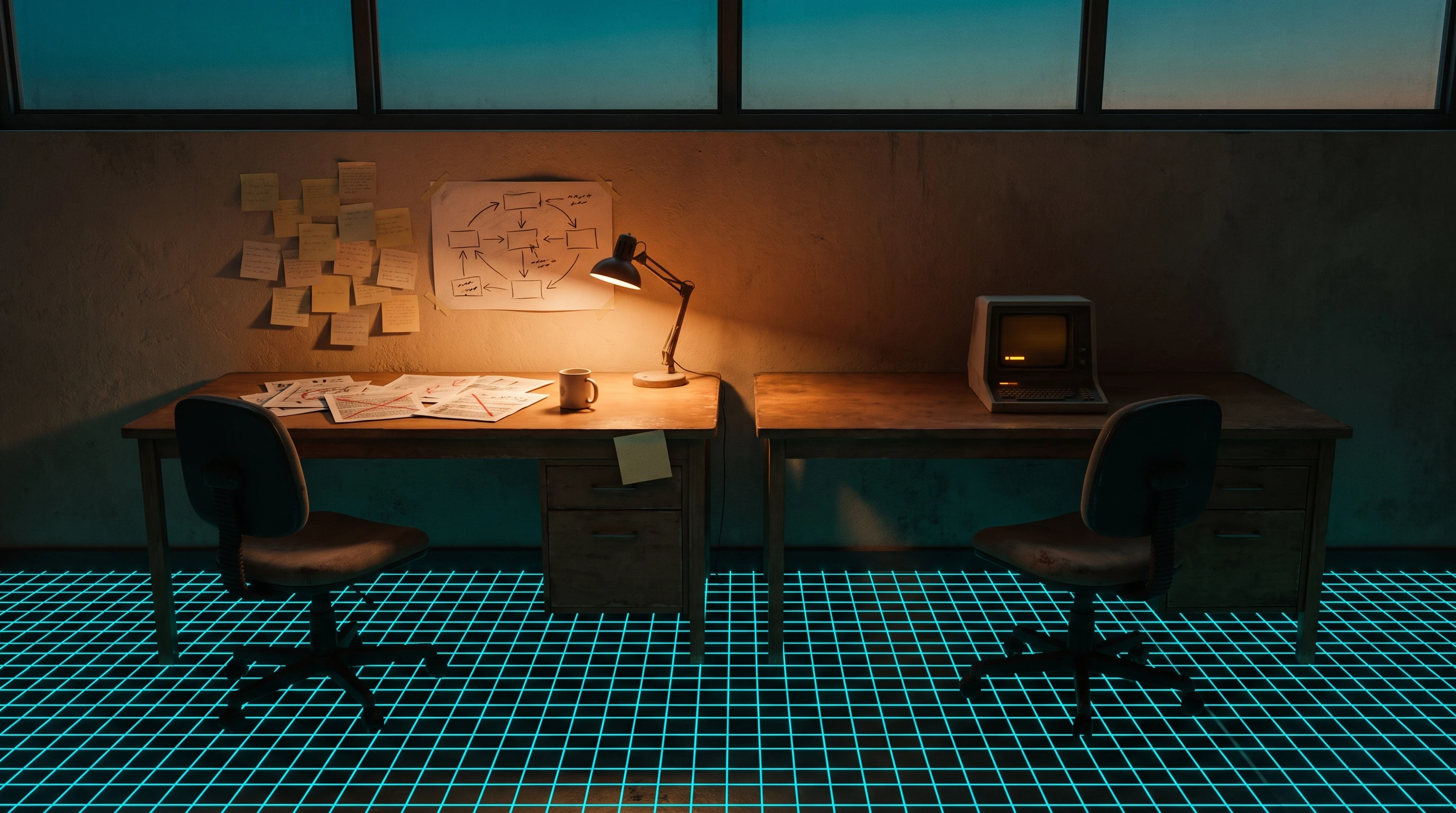 Two desks at dusk under a strip of windows. The left one is buried in work — marked-up printouts, a mug, a lit desk lamp, a hand-drawn diagram taped to the wall above it and a cluster of handwritten notes beside that. The right desk is bare except for a small terminal glowing amber. Both chairs are empty; a cyan measuring grid covers the floor.