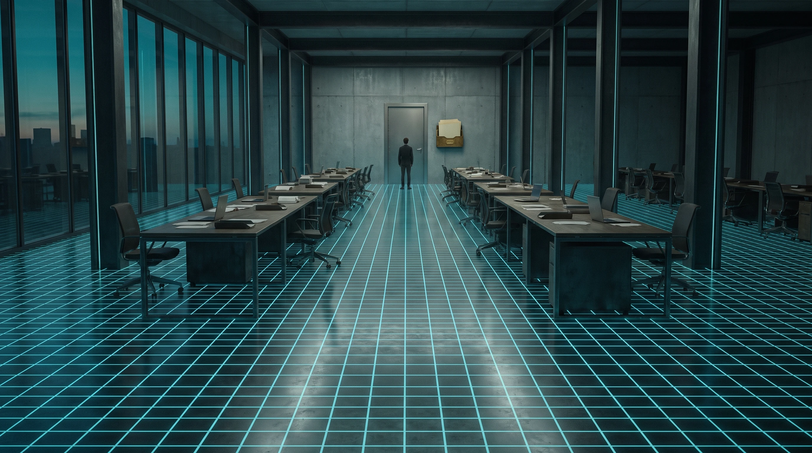 A long open-plan office at dusk, glass walls onto a city skyline. Two rows of empty desks with chairs pushed in run down both sides toward the far wall, where one man in a suit stands facing a single closed door. A brass wall tray of files hangs beside it. A cyan measuring grid covers the whole floor.
