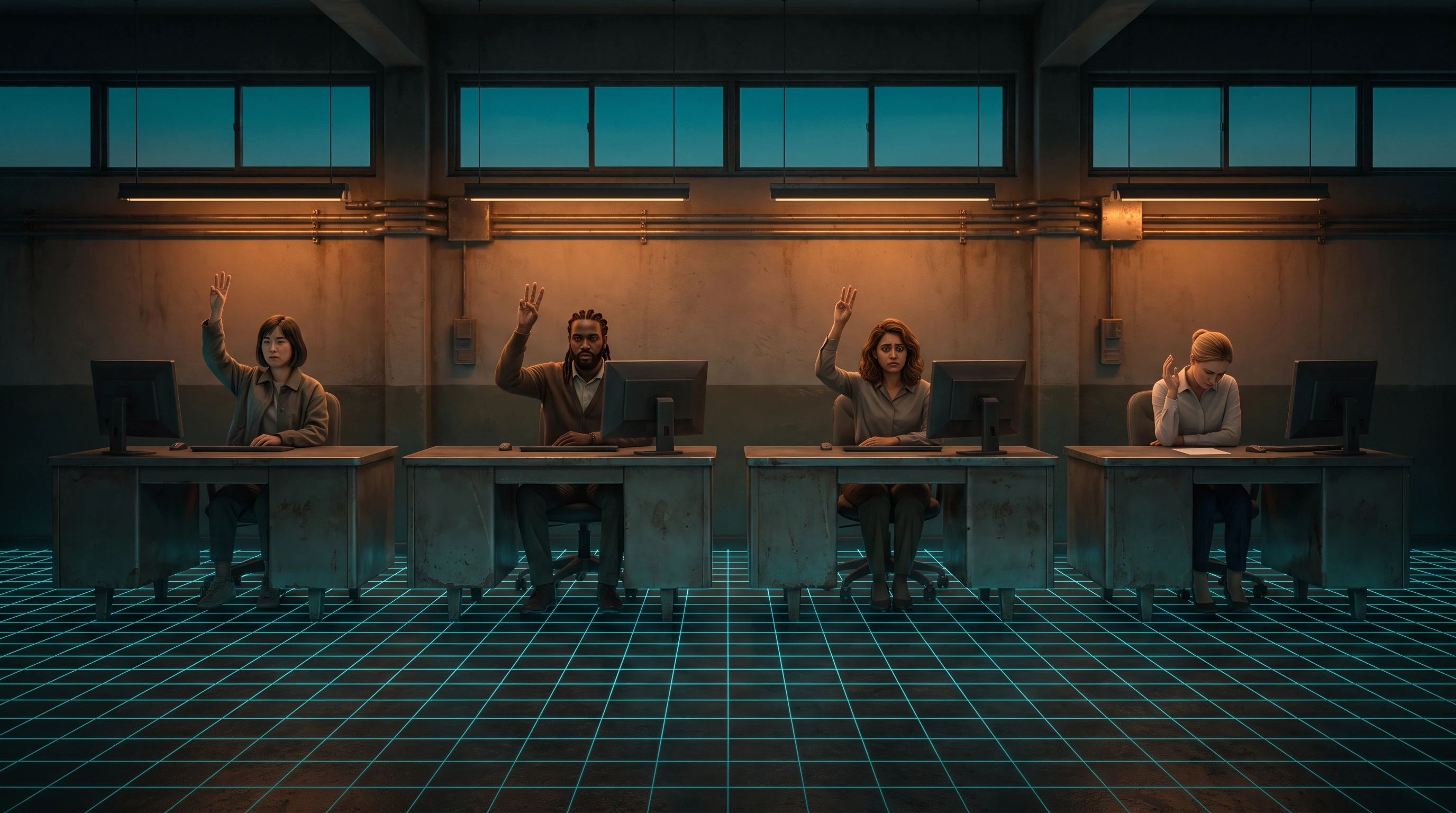 A long room at dusk under strip lights. Four people sit at identical metal desks with identical monitors; three raise a hand in the same gesture, and the fourth at the right has her head down with her hand only half up. A cyan measuring grid covers the floor.