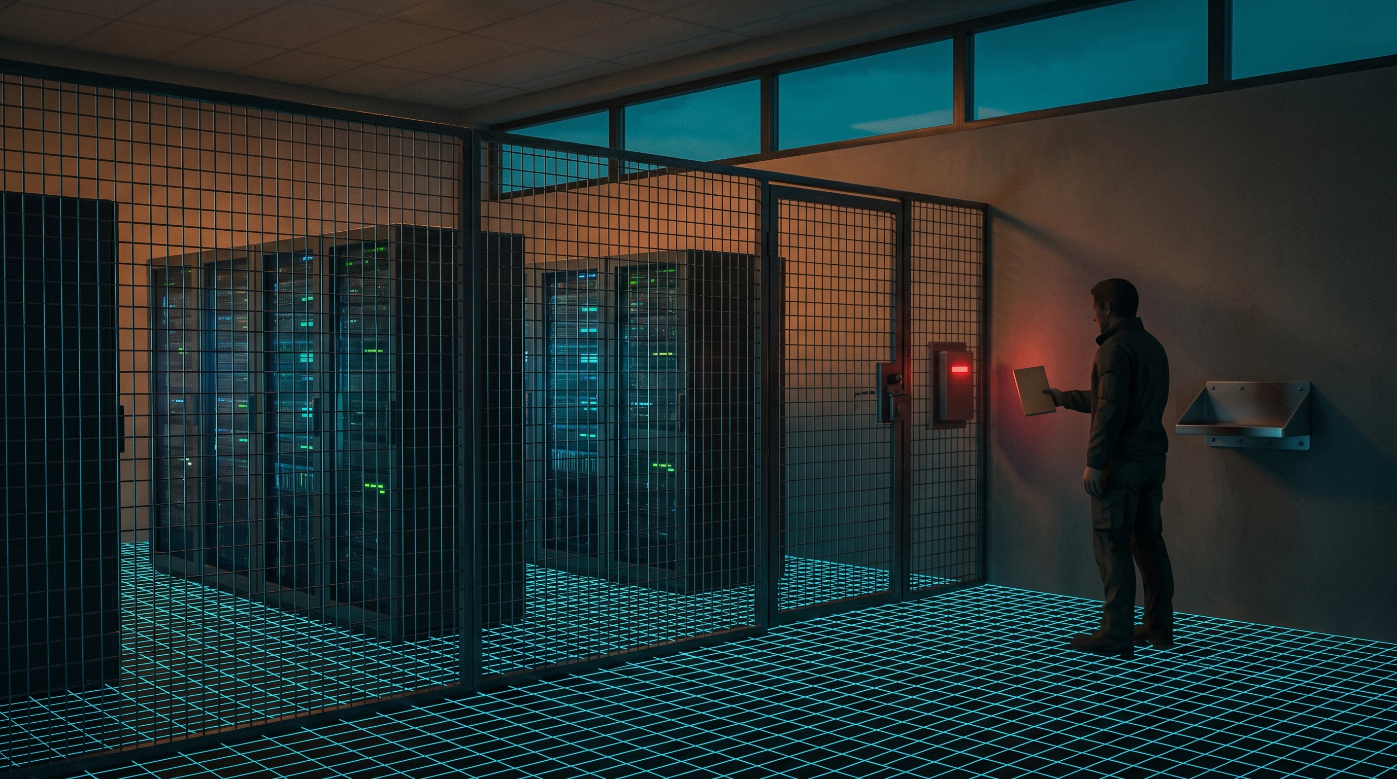 A server room at dusk seen from outside its cage. Rows of racks blink green and cyan behind heavy steel mesh. A man stands at the locked gate holding a badge up to a reader glowing red, an empty metal tray bolted to the wall beside him. A cyan measuring grid covers the floor on both sides of the mesh.