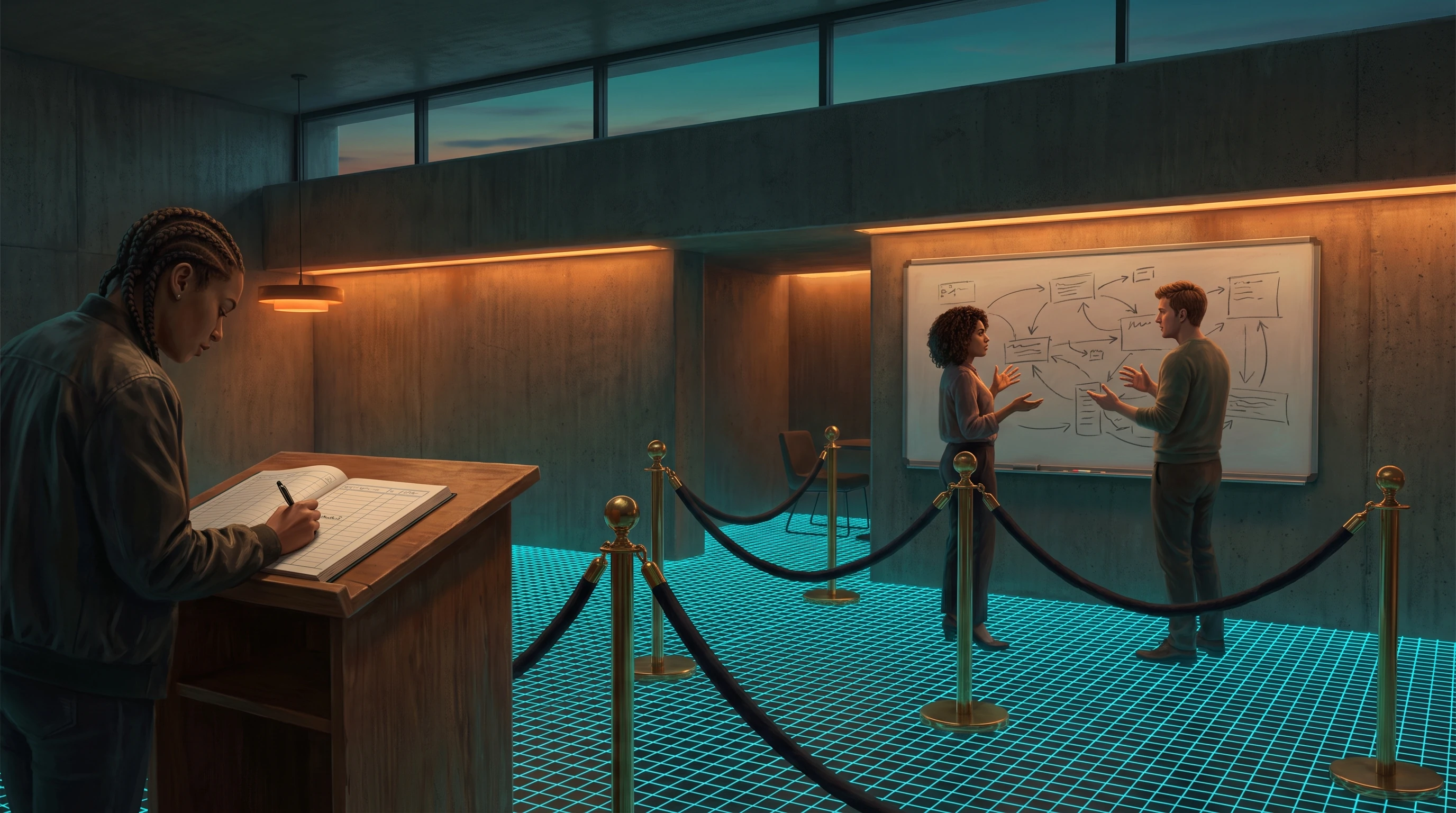 A concrete room at dusk. In the foreground a young woman signs an open ledger on a wooden podium. Beyond a velvet rope two people stand at a whiteboard covered in hand-drawn boxes and arrows, talking with their hands. A cyan measuring grid covers the floor on the far side of the rope.