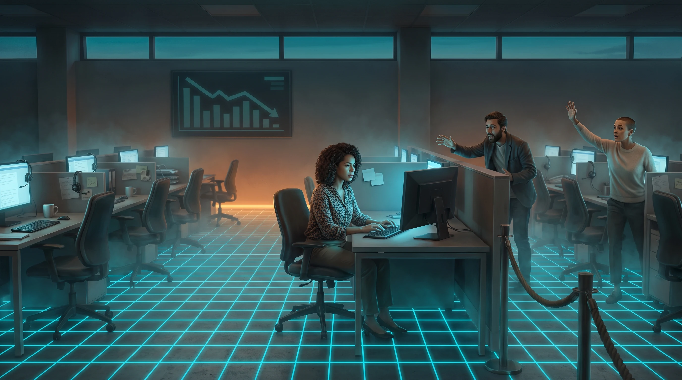 A dim open-plan call centre at dusk, rows of identical desks and headsets receding into haze. A woman sits at one station typing, lit by her monitor; a large wall screen behind her carries a bar chart falling away to the right. Two people lean in over a partition and a rope line towards her, one with a hand raised. A bright cyan measuring grid covers the whole floor.