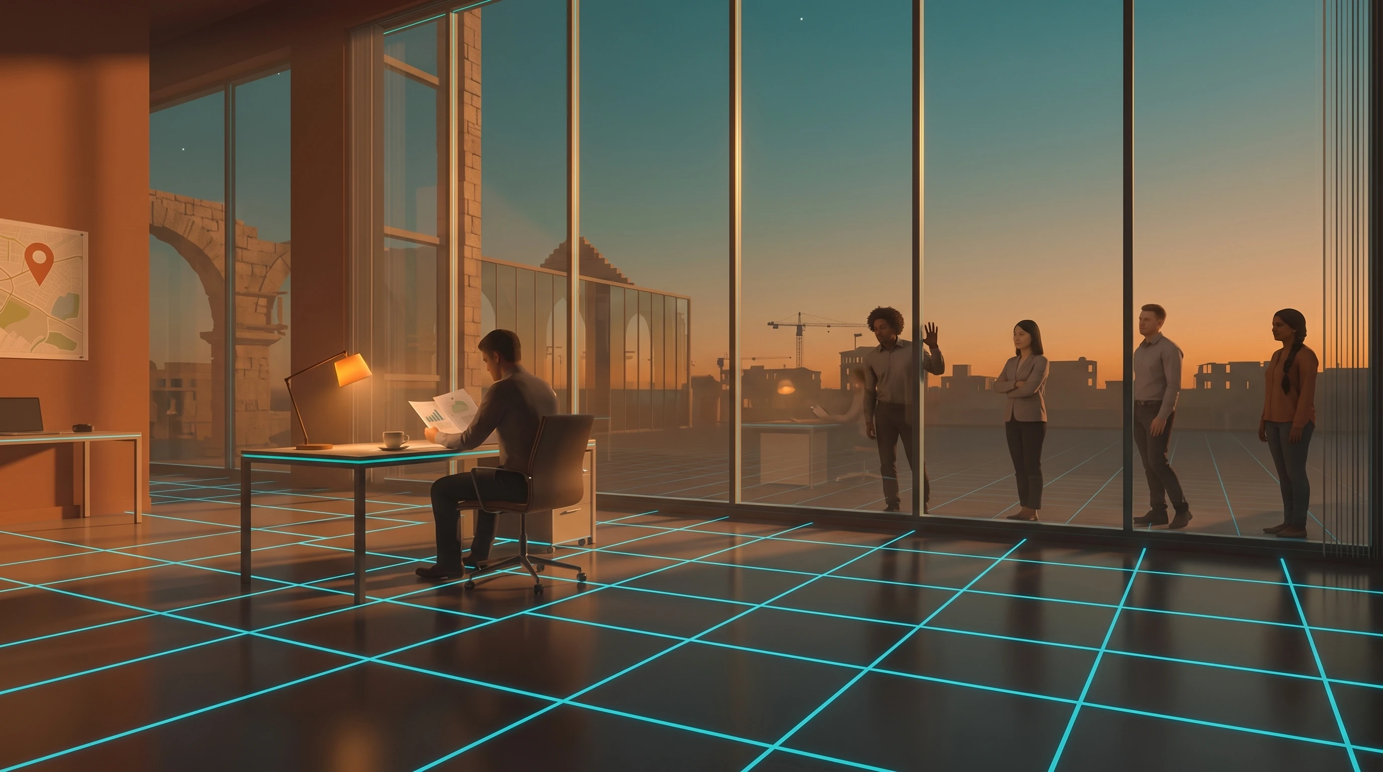 A warm glass-walled office at sunset. One man sits alone at a lit desk reading a printed chart, a map pinned on the wall behind him. Outside the glass four people stand waiting in a line, one with a hand pressed flat against the pane. A cyan measuring grid runs across the floor and continues outside.