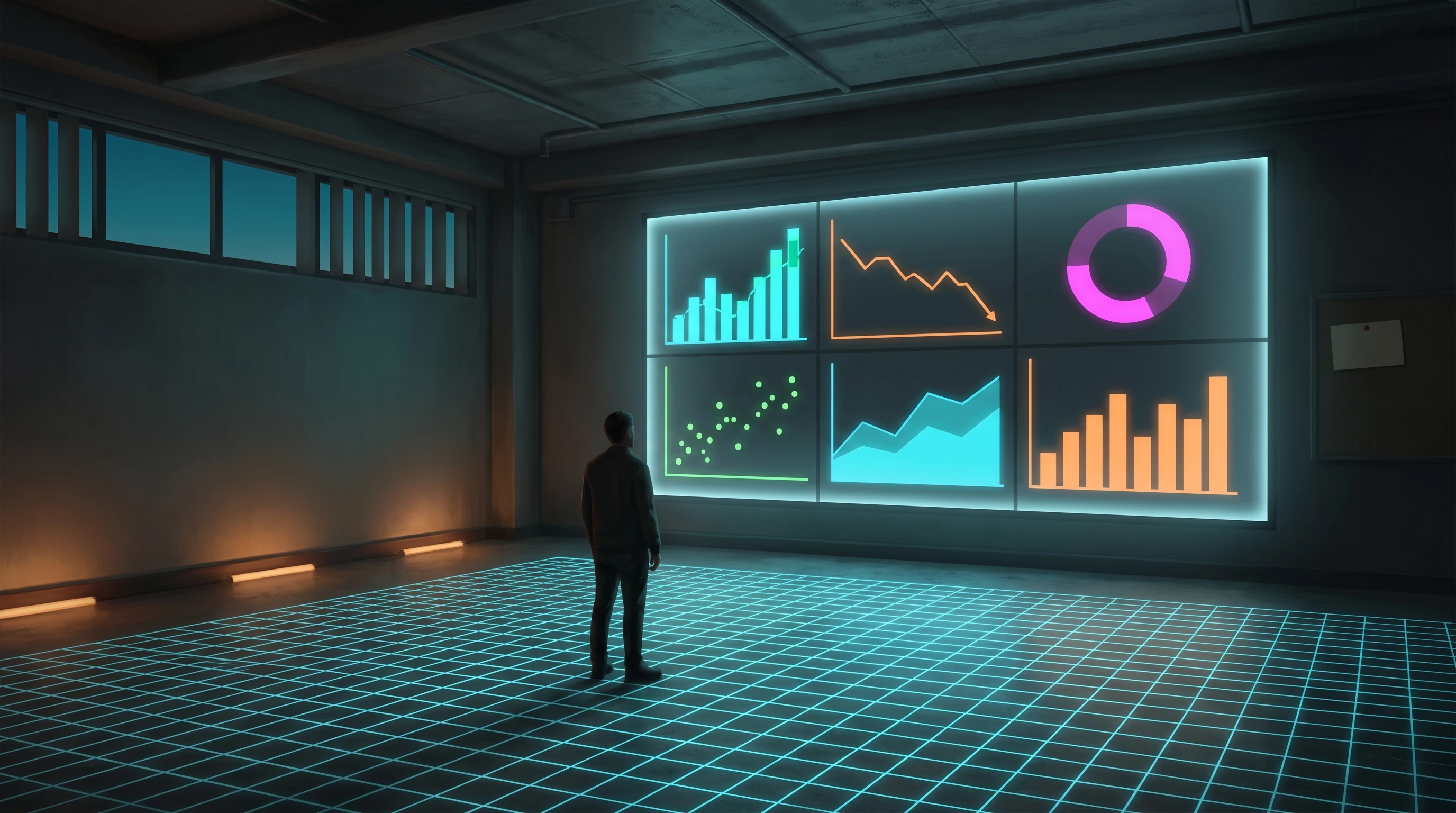 A dark concrete office at dusk. One man stands alone facing a huge wall screen split into six glowing panels — bar charts, a falling orange line, a magenta ring, a green scatter, a cyan area chart. A small corkboard with one pinned card hangs on the wall to the right, well outside the screen’s light. A cyan measuring grid covers the floor.