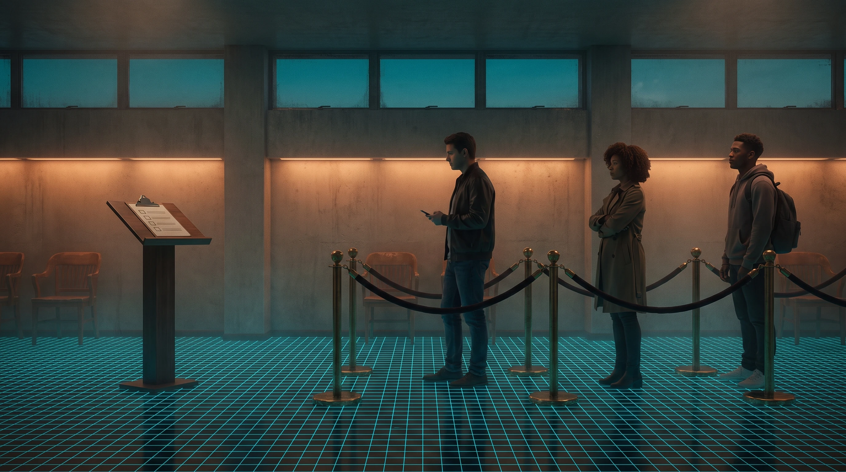 A concrete waiting room at dusk. A wooden podium on the left holds a clipboard with a printed checklist of empty checkboxes. To the right three people stand apart in a velvet rope line — one reading his phone, one with arms folded, one with a backpack — with empty wooden chairs behind them. A cyan measuring grid covers the floor.