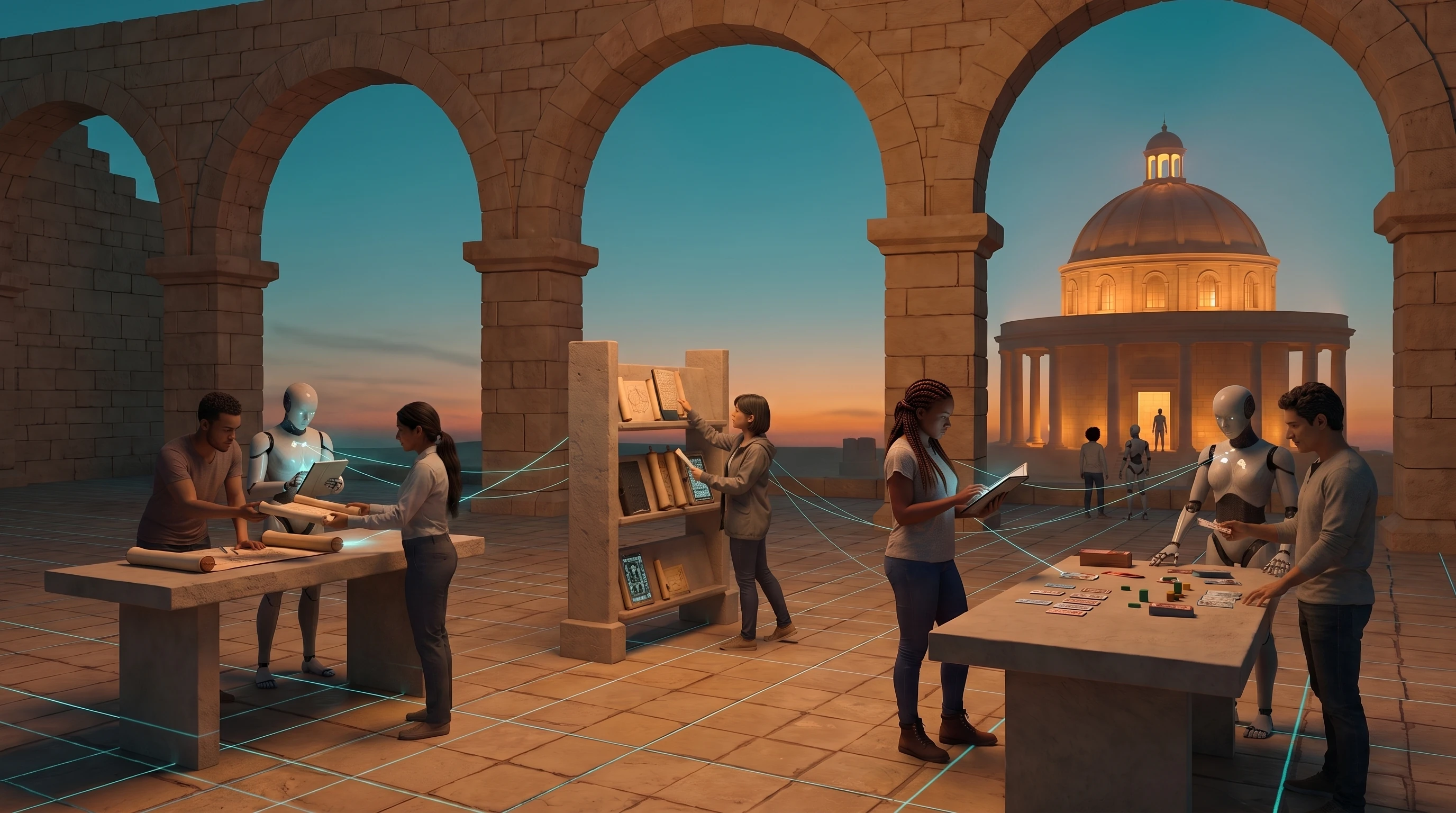 An open sandstone terrace at dusk under three tall arches onto a fading sky. At the left a man hands a just-rolled drawing across a stone bench to a woman, an android holding a lit panel between them; in the centre a woman reaches a book onto an open shelf of books and lit slabs; at the right a woman stands reading a tablet, and beyond her an android passes a small card into a man’s hand over a long bench laid with cards and coloured blocks. Through the far arch a lit domed theater stands on the ground with its doorway open and figures walking in. Cyan threads run bench to bench across the tiled floor.