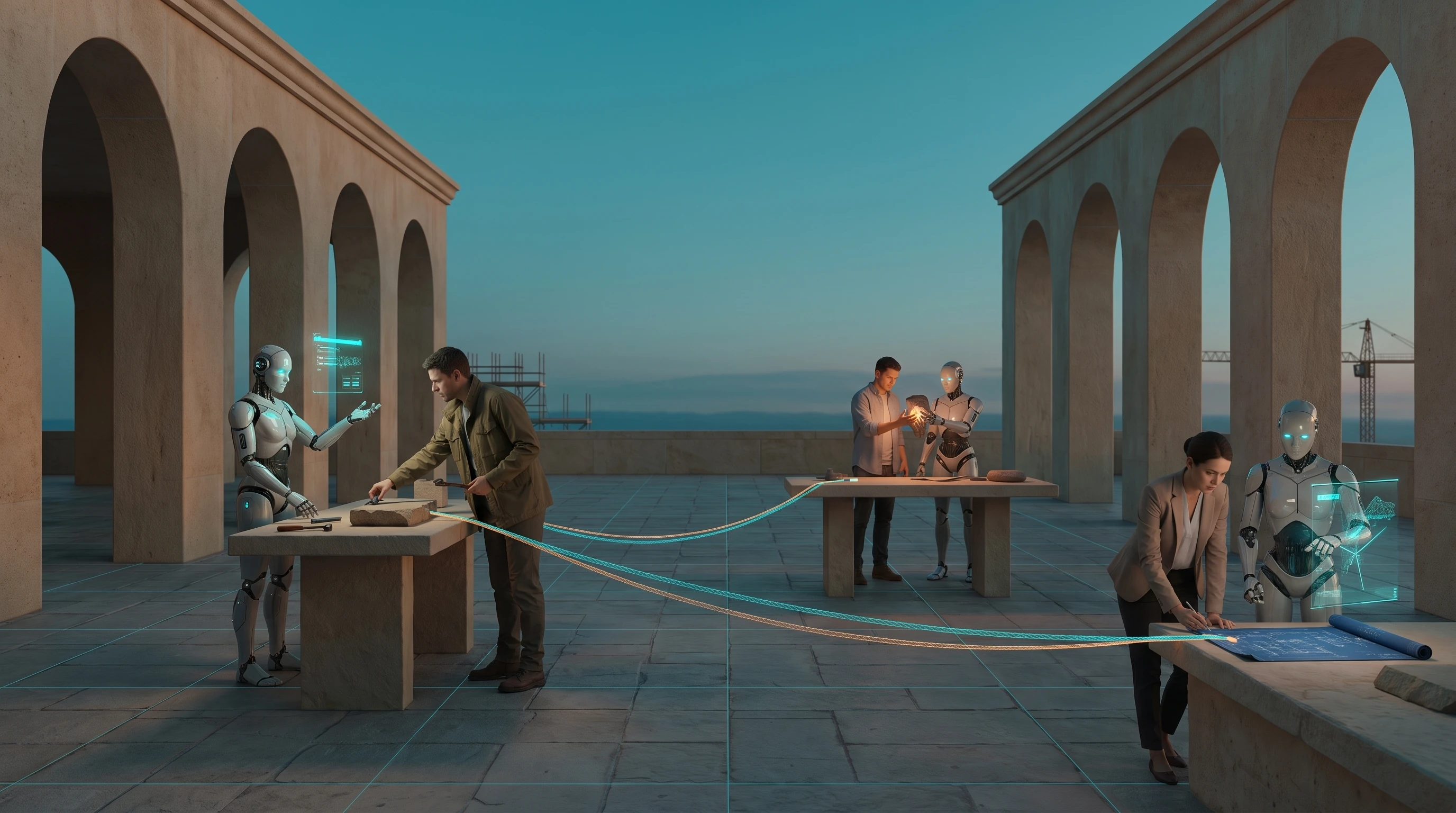 An open sandstone terrace at dusk, arcades on both sides and the sea beyond. Three pairs work at stone benches — a person shaping stone beside an android reading a lit panel, two figures holding a small warm light between them, a woman drawing on a blue plan beside an android holding a glowing model. Cyan threads run bench to bench across the floor, and a crane stands on the skyline.
