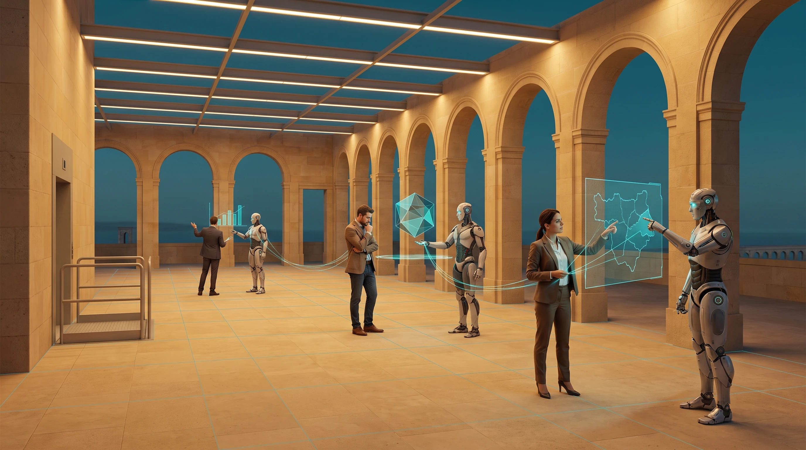 A long open gallery at dusk under a lit ceiling, arches down one side onto the sea. Small groups stand apart across the floor, each a person with an android: one pair reading a chart, one holding a faceted cyan form between them, one at a large unlabeled map of regions. Cyan threads run person to person the length of the room.