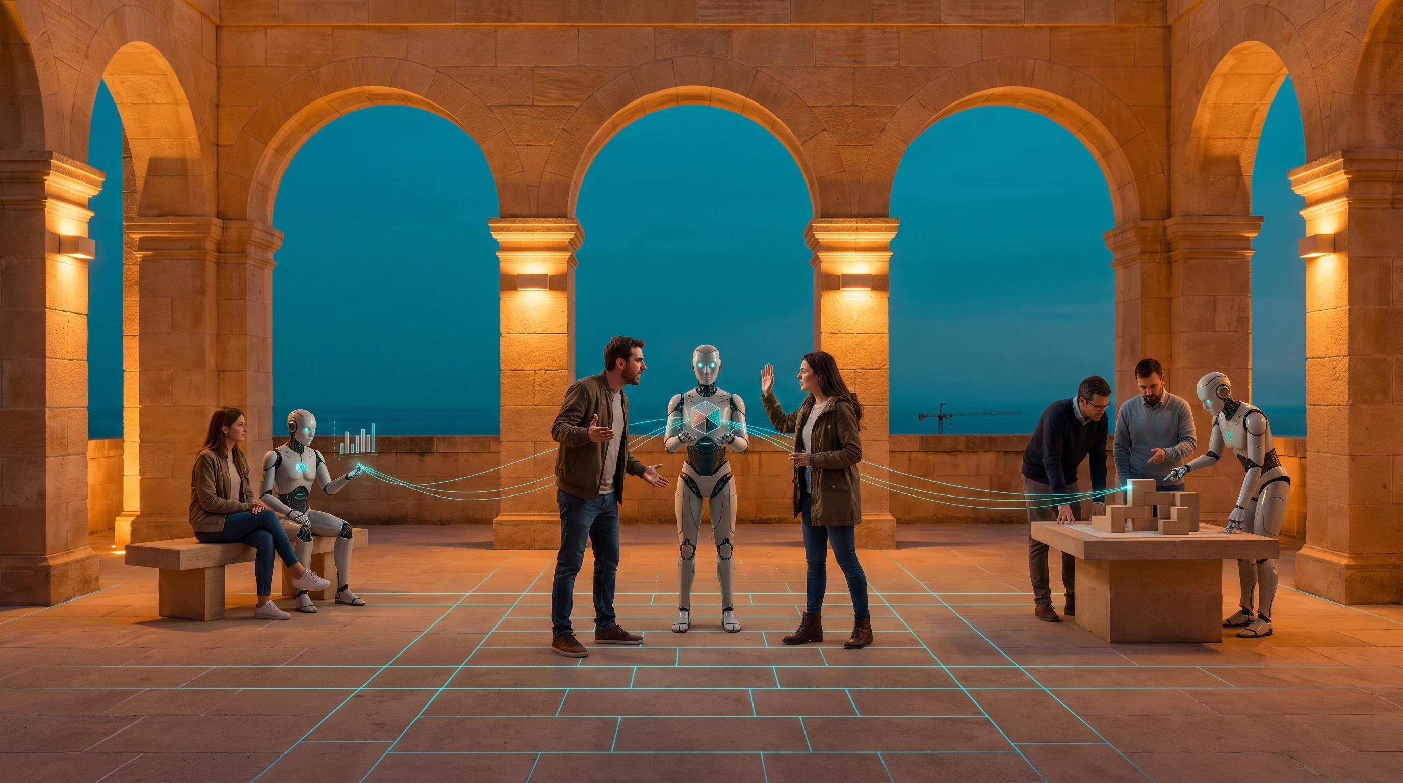 A lamplit stone terrace at dusk, five arches open to a deep blue sea. In the centre a man and a woman argue across an android, hands raised mid-point, a small cyan form held between the three of them. A woman sits quietly on a bench at the left beside an android with a chart; at the right two men and an android lean over a model built of plain wooden blocks.