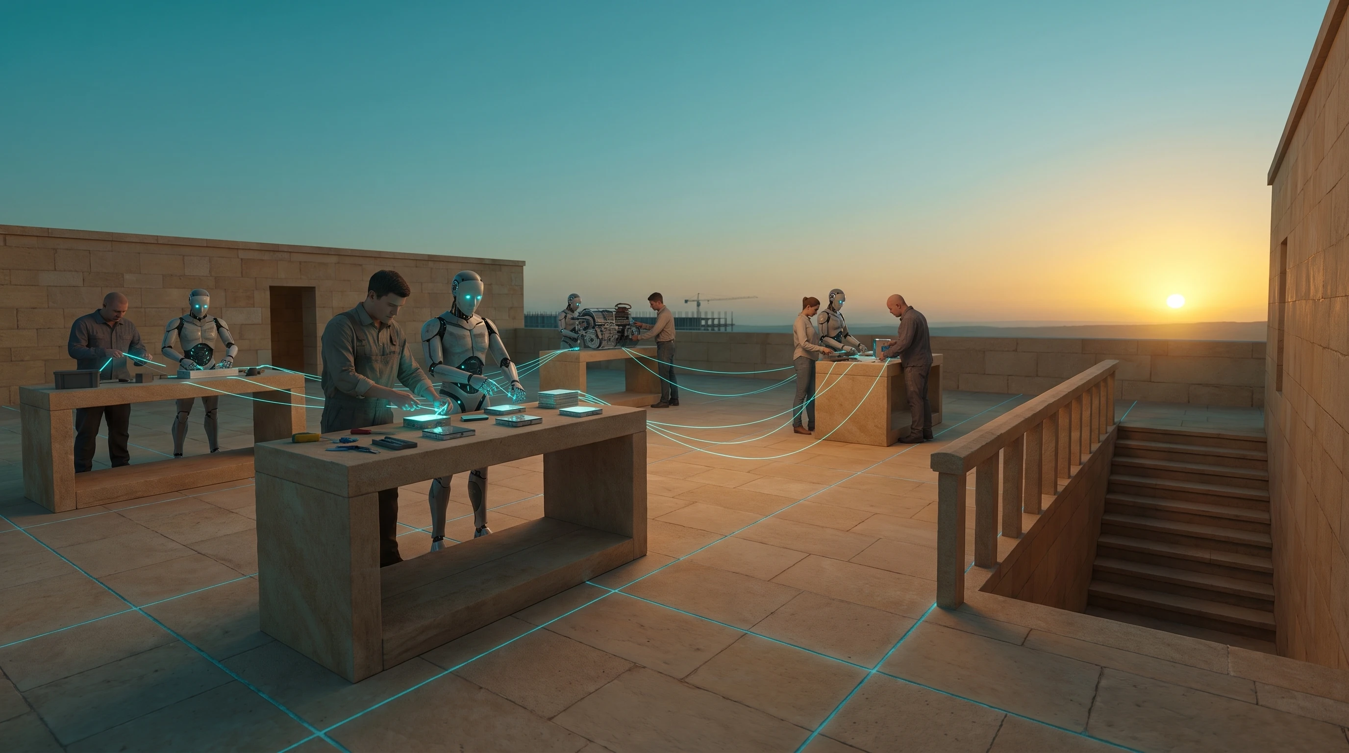 A broad open terrace at sunset with the sun on the horizon. Four benches, each with people and androids working side by side on different things — small lit slabs, an engine part, a shared cup — and cyan threads arcing from bench to bench across the whole floor. A wide stone staircase leads down at the right.