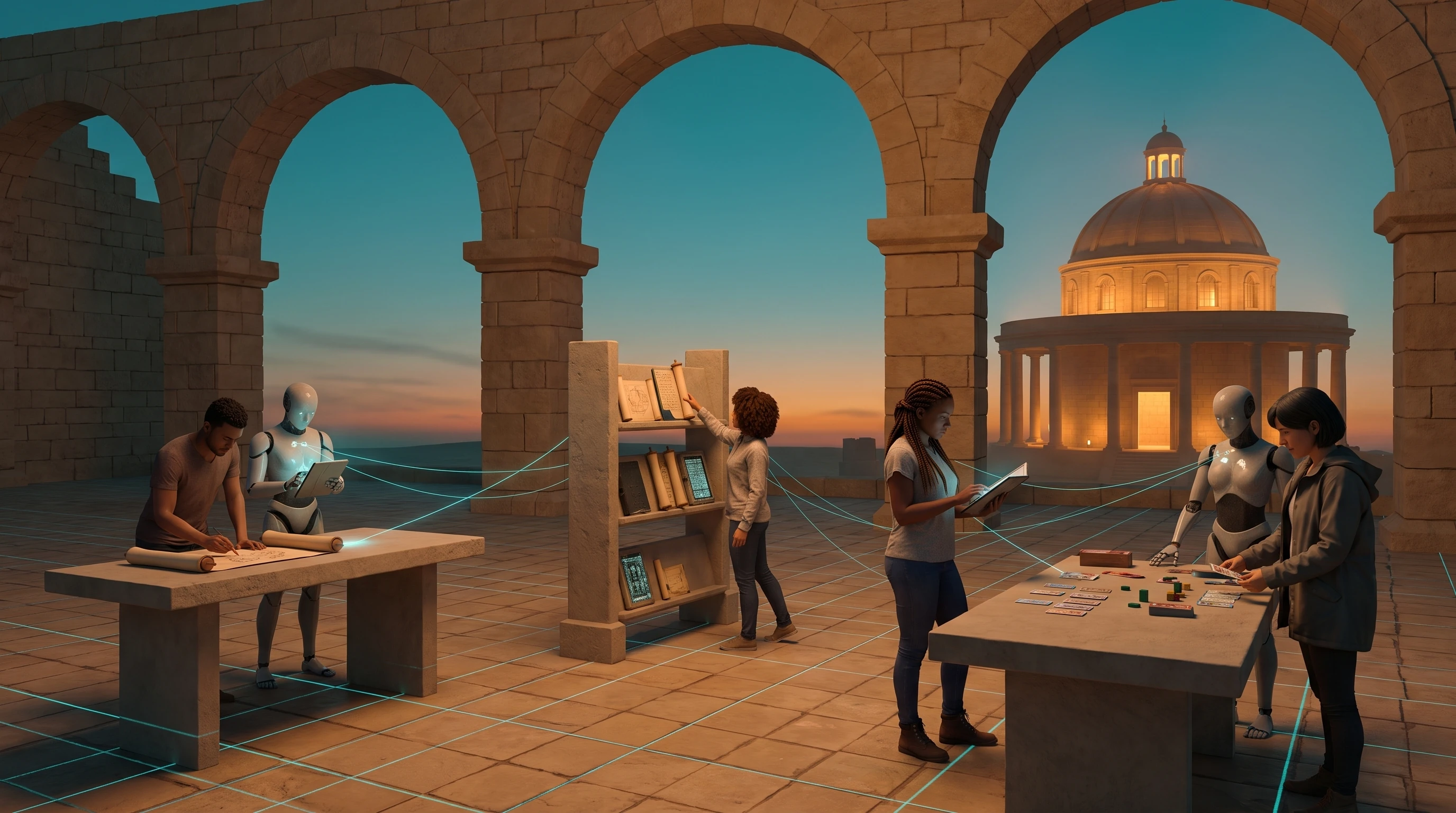 An open sandstone terrace at dusk, four tall arches onto a fading sky. At the left a man unrolls a drawing across a stone bench beside an android holding a lit panel; in the centre a woman reaches a book onto an open shelf of books and lit slabs; at the right two people and an android lay small cards and coloured blocks out along a long bench, one of them reading from a tablet. Cyan threads run bench to bench across the tiled floor, and a lit domed theater stands on the ground beyond the far arch.