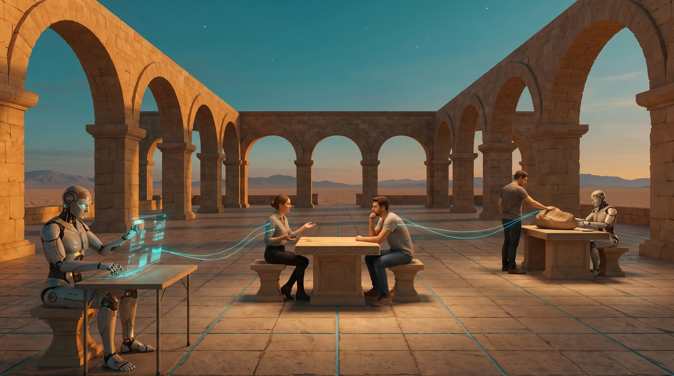 A wide colonnade of stone arches open to a plain at dusk, mountains on the horizon. Two people sit facing each other across a low carved table in direct conversation, nothing between them. An android works at its own lit panel to one side and another helps a man with a block of stone to the other; cyan threads run between all of them.