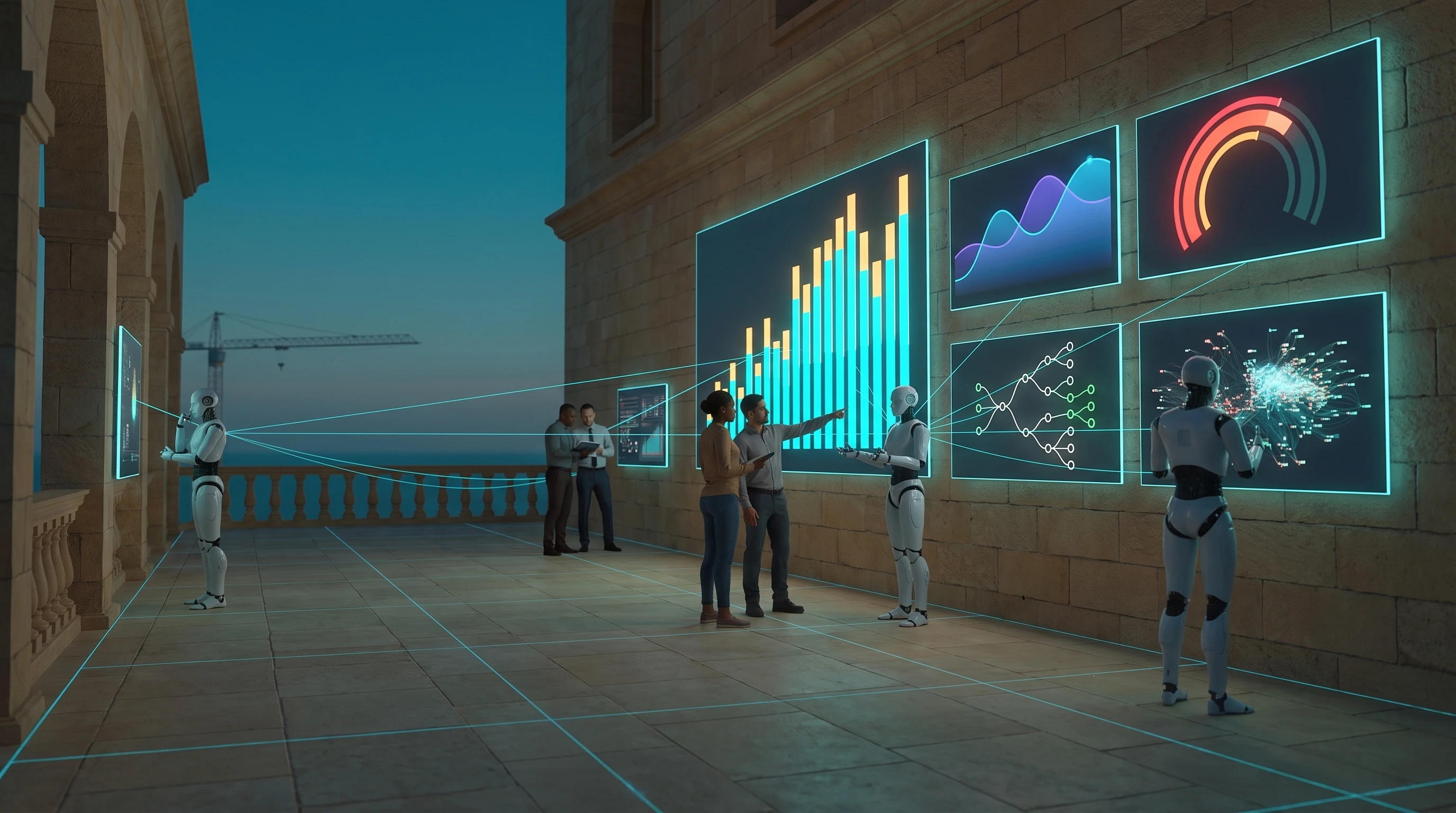 A long stone wall at dusk carrying five large lit screens — a tall cyan and amber bar chart, a soft wave chart, a red radial gauge, a green branching node tree, a red particle burst. A woman and a man stand at the bar chart beside an android, the man pointing up at the rising bars; another android stands alone at the node screen to the right, and a third reads a small panel alone at the far left by the balustrade, the sea and a crane beyond it. Two more people confer over a tablet at a smaller screen between them. Cyan threads run from every screen across the tiled floor to every figure.
