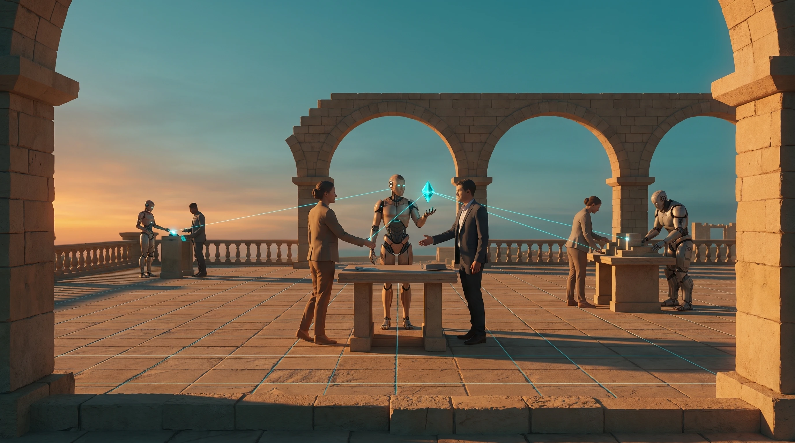 A sunset terrace seen through a near arch, a low balustrade and open sea behind it. A woman and a man stand either side of an android, all three hands out toward a floating cyan gem, with lines of light running from it to every other figure on the terrace — two more pairs working at benches, one at the far rail.