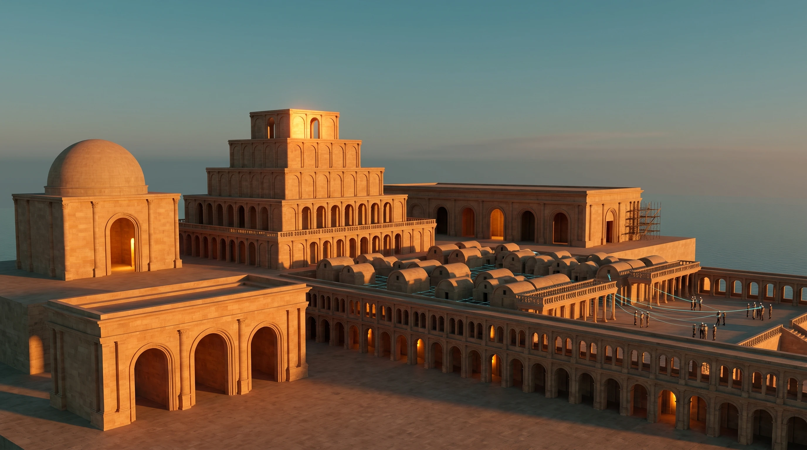 An aerial view of a sandstone city on a headland at sunset, the sea beyond it. A stepped ziggurat and a domed hall stand on the high ground behind an open plaza; long arcaded terraces run down to the water on the right, with small figures gathered on them. To the left, a dense field of low domed roofs is threaded with faint cyan lines.